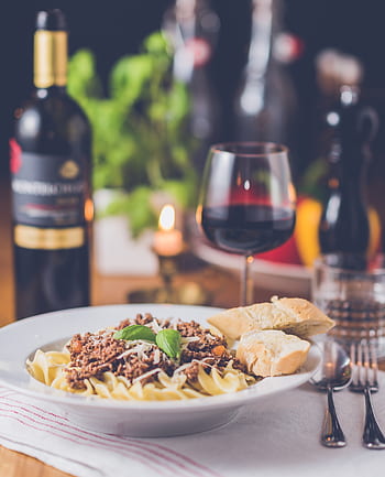 pasta, food, bread, breakfast, lunch, dinner, plate, spoon, fork, tableware, wine