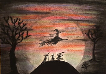 ilustrace čarodějnic, čarodějnice, noc, pohádka, létat, koště, sen, večírek, předvečer Všech svatých, les, silueta