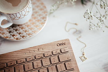 teclado, xícara, café, De madeira, xícara de café, tecnologia, mesa, oree, cappucino, hipster, caffee