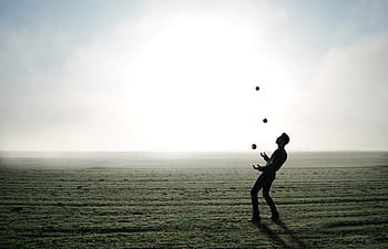 man, juggling, clear, field, juggler, trick, apple, person, fog, skyline, landscape