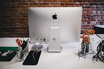 móveis, limpar, escritório, espaço comercial, loft, Apple iMac, computadores, espaço de trabalho, local de trabalho, parede de tijolos, tijolos