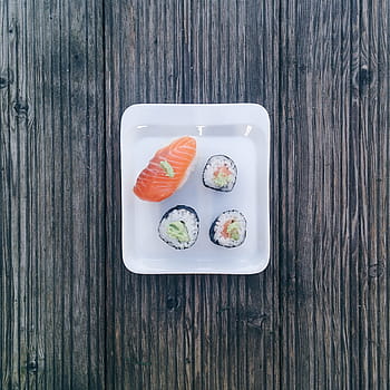 sushi, dřevěný, Pozadí, minimální, maki, nigiri, rýže, losos, pohled shora, dřevo, jídlo