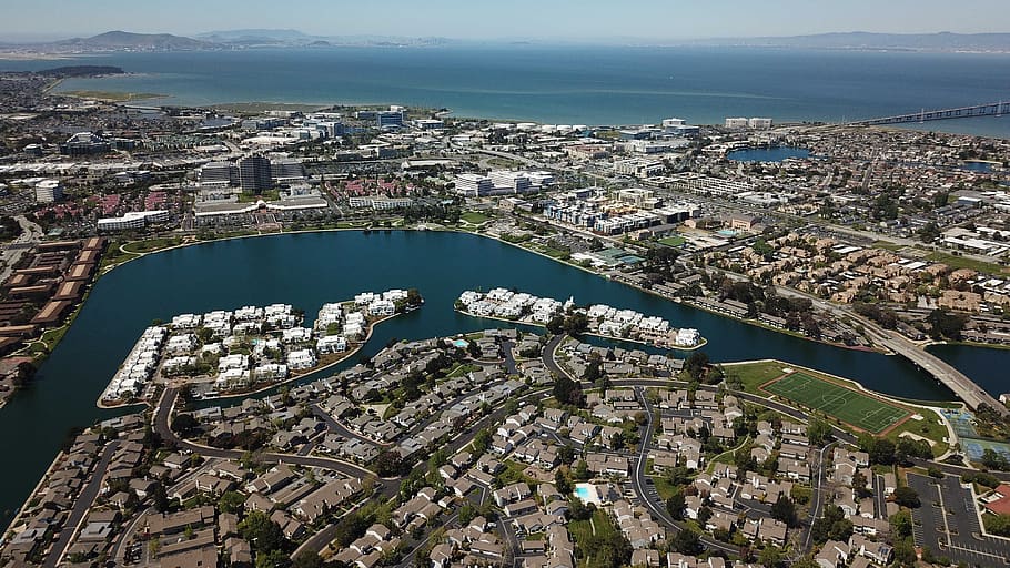 foster city, drone, aerial, california, waterfront, san mateo, city, cityscape, san francisco, bay area, buildings