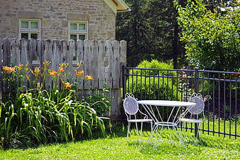 bistro patio, soubor, zahrada, bílý, venkovní, patio, nábytek, stůl, dva, židle, mimo