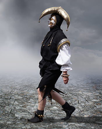 person, wearing, black, white, gold jester suit, harlequin, venezia, face, the mask, masquerade, carnival