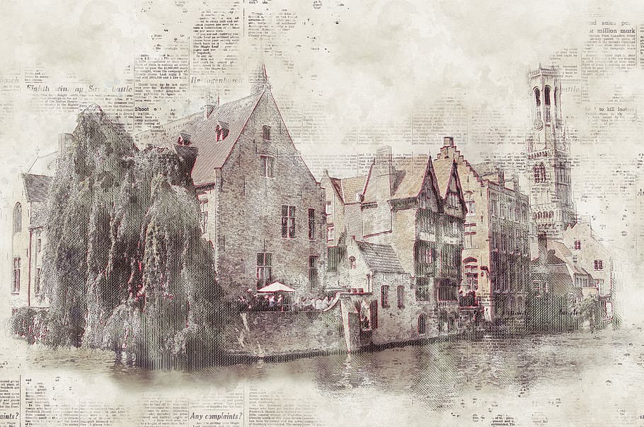 šedá, hnědý, dům ilustrace, zvonice, věž, bruges, kanál, romantický, historicky, Zajímavosti, staré Město