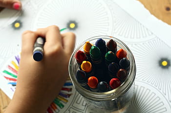 person, holding, blue, color crayon, crayons, coloring book, coloring, book, color, children, adult coloring book