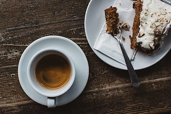 mrkvový koláč, dřevěný, stůl, espresso, dřevěný stůl, kavárna, dort, káva, pohled shora, dřevo, jídlo