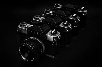 grayscale photo, four, point-and-shoot cameras, canon, lens, photography, photographer, film, vintage, old, analog
