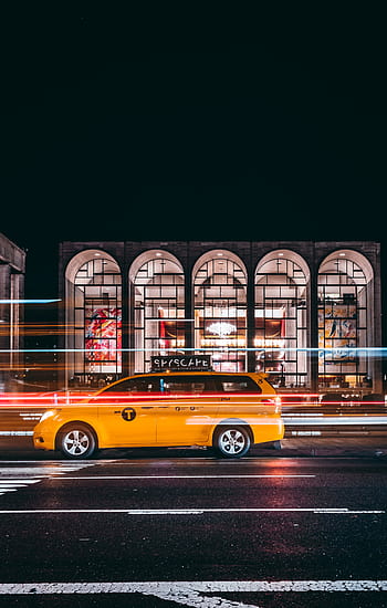 taxi, city, night, cab, motion, lights, blur, street, building, auto, urban