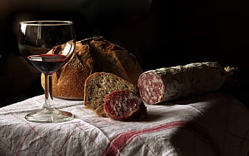 wine glass, bread, table, aperitif, wine, drink, glass, still lifes, alcohol, red wine, sausage