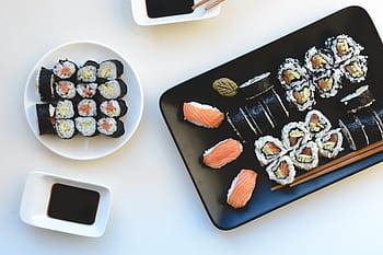 homemade sushi, Homemade, sushi, japanese, rice, salmon, top view, white background, food, seafood, maki Sushi