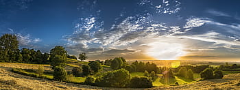 farm, golden, hour, sunrise, mountain, panorama, rural, hut, log cabin, old, landscape