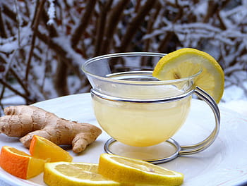 lemon juice, filled, clear, glass mug, lemon, ginger, orange, snow, hot, drink, tee