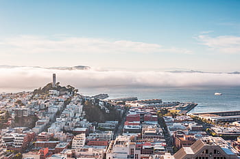 panorama teluk san francisco, San Francisco Bay, Panorama, Menara Coit, arsitektur, kota besar, california, kota, cityscapes, kabut, berkabut