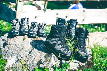 four, pairs, black, hiking, shoes, gray, rock, pair, sneakers, outdoors, grass