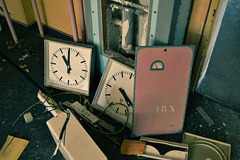 two, white, analog clocks, black, surface, junk, shop, recycle, wall, clock, cor