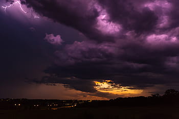 cumulus nimbus clouds, purple, orange, clouds, night, time, storm, lightning, cloudy, sky, sunset