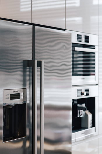 modern, dapur, Interior, abu-abu, putih, kontemporer, gaya, desain, metalik, oven, lemari es