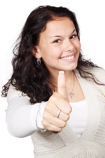 vrouw, wit, overhemd, duimen, handgebaar, goedkeuring, gebaar, hand-, gelukkig, geïsoleerd, mensen