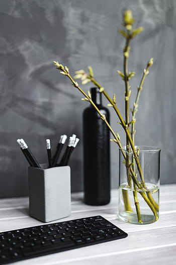 hitam, keyboard, pensil, putih, meja, botol, tanaman, tidak ada Orang, di dalam ruangan, vas, foto studio