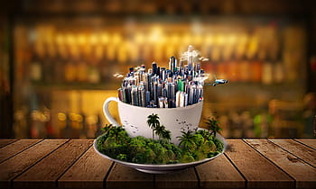 city, white, cup photo, manipulation, digital art, fantasy art, photoshop, art