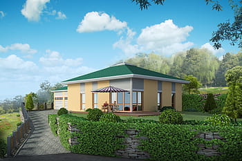 žlutá, zelená, beton, Dům, zahrada, rodinný dům, vila, vykreslování, vizualizace, architektura, vizualizace 3d