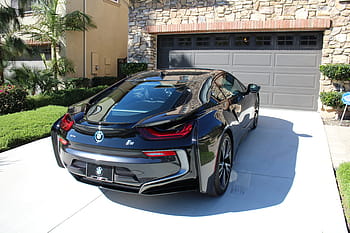Černá, bmw i 8 kupé, zaparkováno, přední, garážová vrata, bmw, auto, automobil, vozidlo, i8, bmw i8