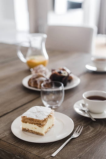 mesa, café, xícara, bolo, lanche, sobremesa, prato, creme, doce