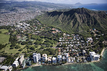 vysoký, vzestup budovy, vedle, tělo, voda, waikiki beach, hawaii, honolulu, oahu, usa, letecký pohled