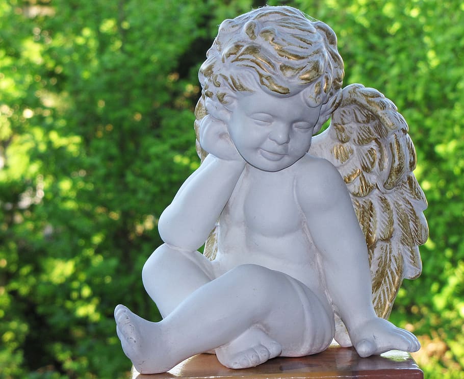 cherub statue, green, leafed, plants, angel, harmony, faith, figure, hope, sculpture, statue