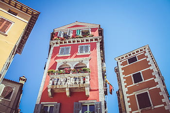 building, architecture, blue, sky, apartment, flower, pot, balcony, windows, door
