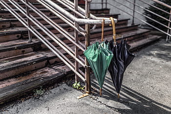 two, green, black, umbrella, stair case, black umbrella, stair, case, objects, urban, lazy