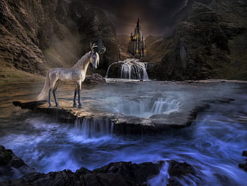 white, horse, body, water, digital, wallpaper, unicorn, landscape, panorama, castle, river