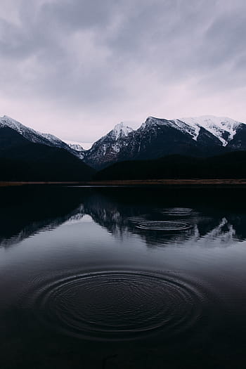 calm, body, water, mountain, covered, snow, daytime, three, ripples, snowy, cloudy