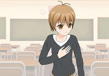 animated, girl, wearing, black, long-sleeved, shirt, standing, writing, chairs, moe, woman girl