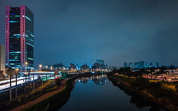 lake and city, cityscape, night, lights, skyline, urban, dark, dusk, sky, buildings, water