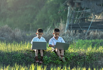 two, boys, white, dress shirt, sitting, grass, using, laptop computers, children, study of, laptop