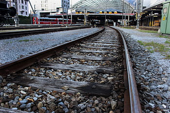 rail, stones, railway line, railway, train, race track, leave, steel, industry, metal, old