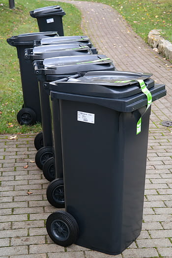 black, garbage bins, concrete, pathway, garbage can, dustbin, waste, garbage, ton, waste bins, ton of plastic
