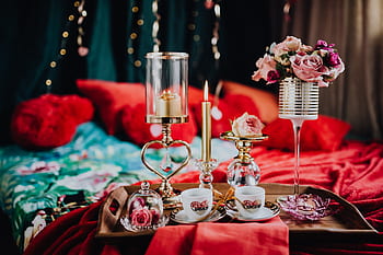 menyenangkan, cinta, romantis, percintaan, merah, seperai, brunch, lilin, hari Valentine, Valentine, Februari