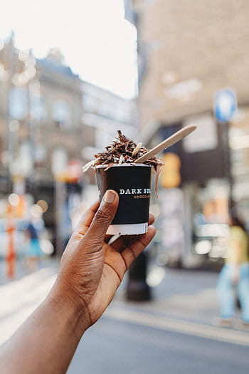 hand, holding, ice cream, food, dessert, tasty, chocolate, snack, city, street, nutrition