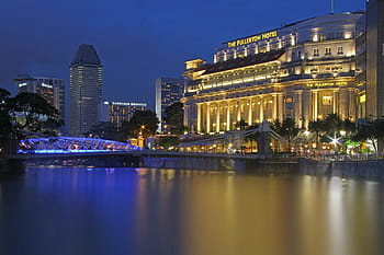 fullerton hotel, noc, architektura, svítí, slavné místo, odraz, soumrak, panoráma města, městské scény, voda, stavba