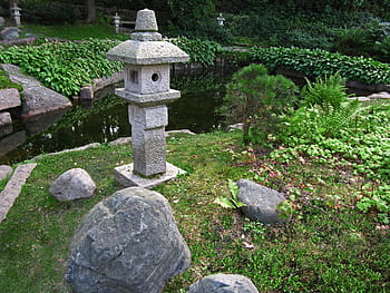 japonská zahrada, kamenné lucerny, park, rybník, asijský, kultura, imitace, venkovní, kotka, Japonsko, umělé jezero