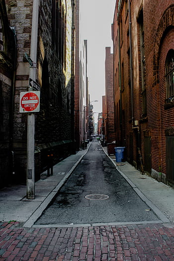 alley, city, street, downtown, brick, cobblestone, buildings, deserted, exterior, urban, sign