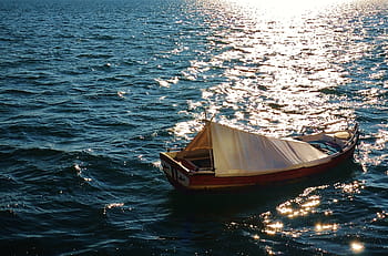brown, red, boat, body, water, daytime, cover, fishing boat, ocean, sea, sunshine