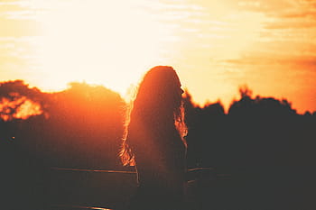 silhouette, woman, standing, facing, right, sunset, sun rays, dusk, shadow, girl, people