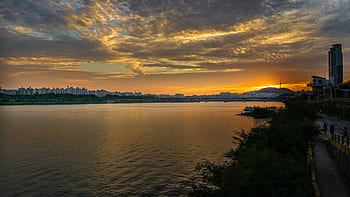 západ slunce, Soul, Korea, oranžový, žlutá, řeka, Asie, město, budov, vévodové, nebe
