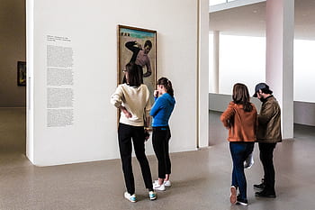 muzeum, výstava, galerie, umění, návštěvníků, pozorovatel, žena, muž, osoba, prohlížení, architektura