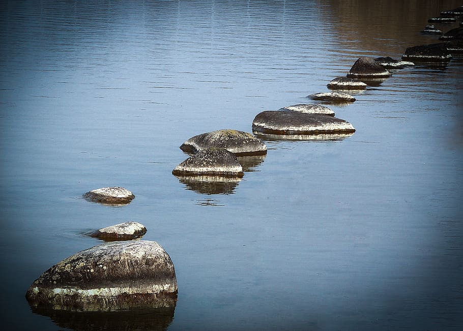 gray, stepping, stones, body, water, sea, ocean, coast
